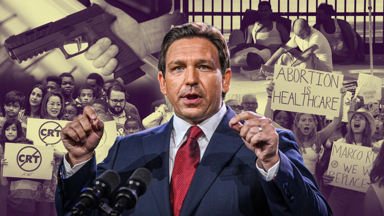 Photo illustration of Ron DeSantis with protesters.