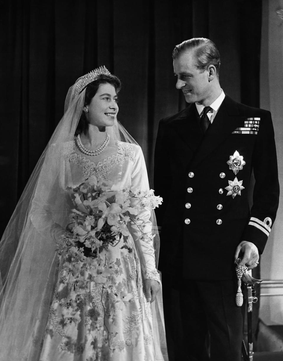 <div class="inline-image__caption"><p>Then Princess Elizabeth poses with her husband, Philip, Duke of Edinburgh, on their wedding day, Nov. 20, 1947.</p></div> <div class="inline-image__credit">Hulton Deutsch/Getty</div>