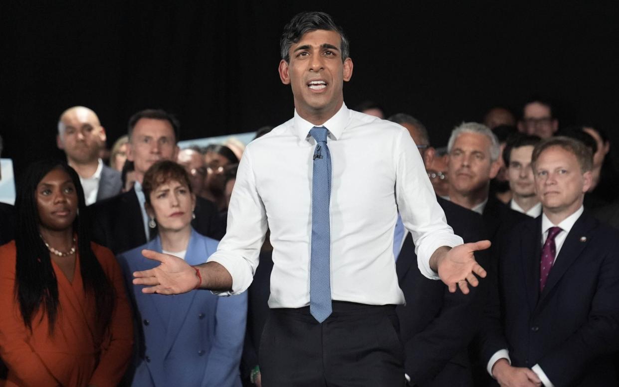 Prime Minister Rishi Sunak speaks at his first campaign event after calling the election