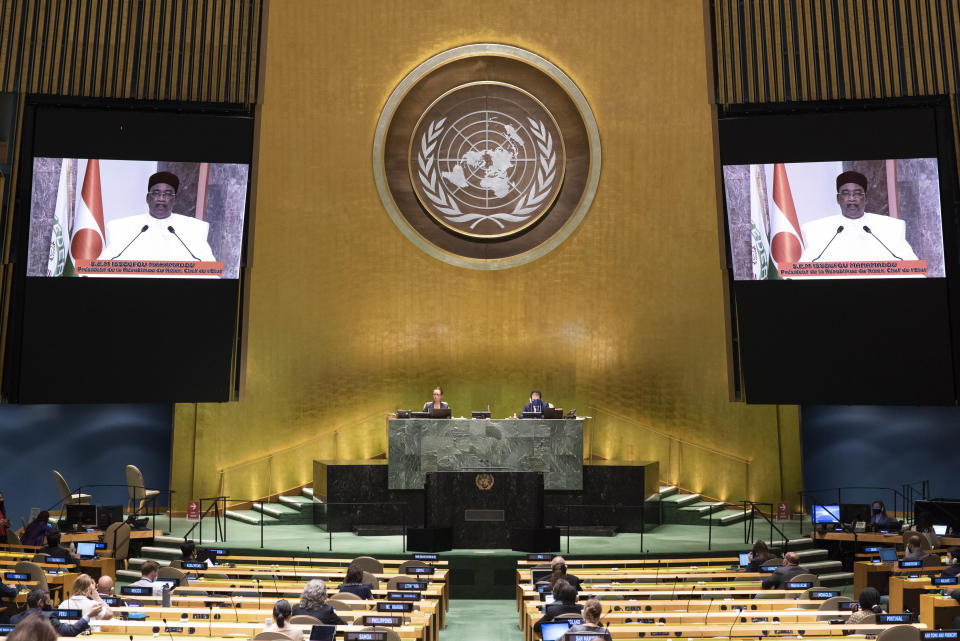 In this photo provided by the United Nations, Mahamadou Issoufou, President of Niger, speaks in a pre-recorded message which was played during the 75th session of the United Nations General Assembly, Thursday, Sept. 24, 2020, at U.N. headquarters in New York. (Eskinder Debebe/United Nations via AP)