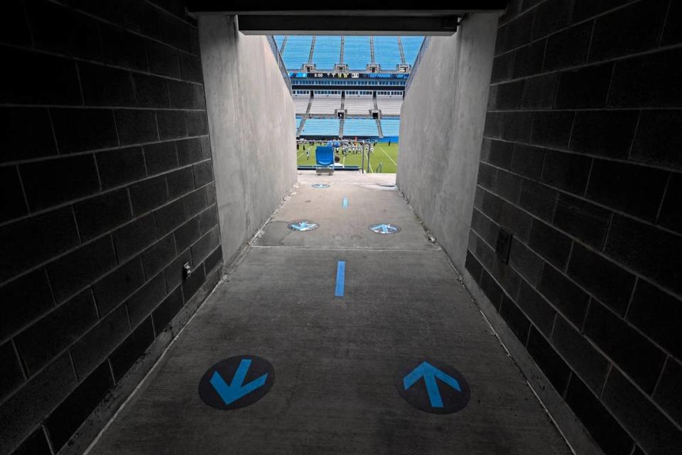 Blue arrows show the traffic patterns inside Bank of America Stadium during Carolina Panthers training camp on Saturday, August 22, 2020.