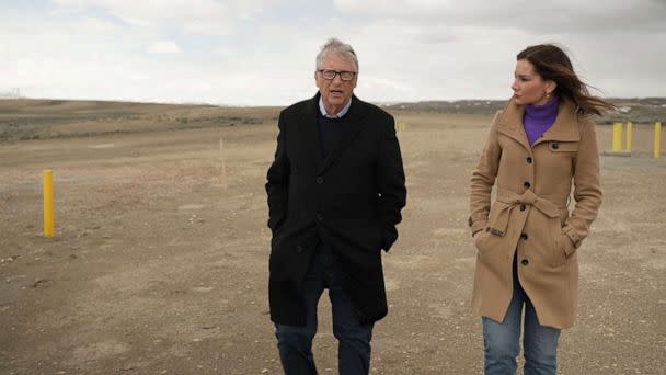PHOTO: TerraPower founder and Microsoft co-founder Bill Gates talks to ABC's Rebecca Jarvis about the future of nuclear energy, during a visit the site of a new TerraPower nuclear plant near Kemmerer, Wyoming, May 5, 2023. (ABC News)