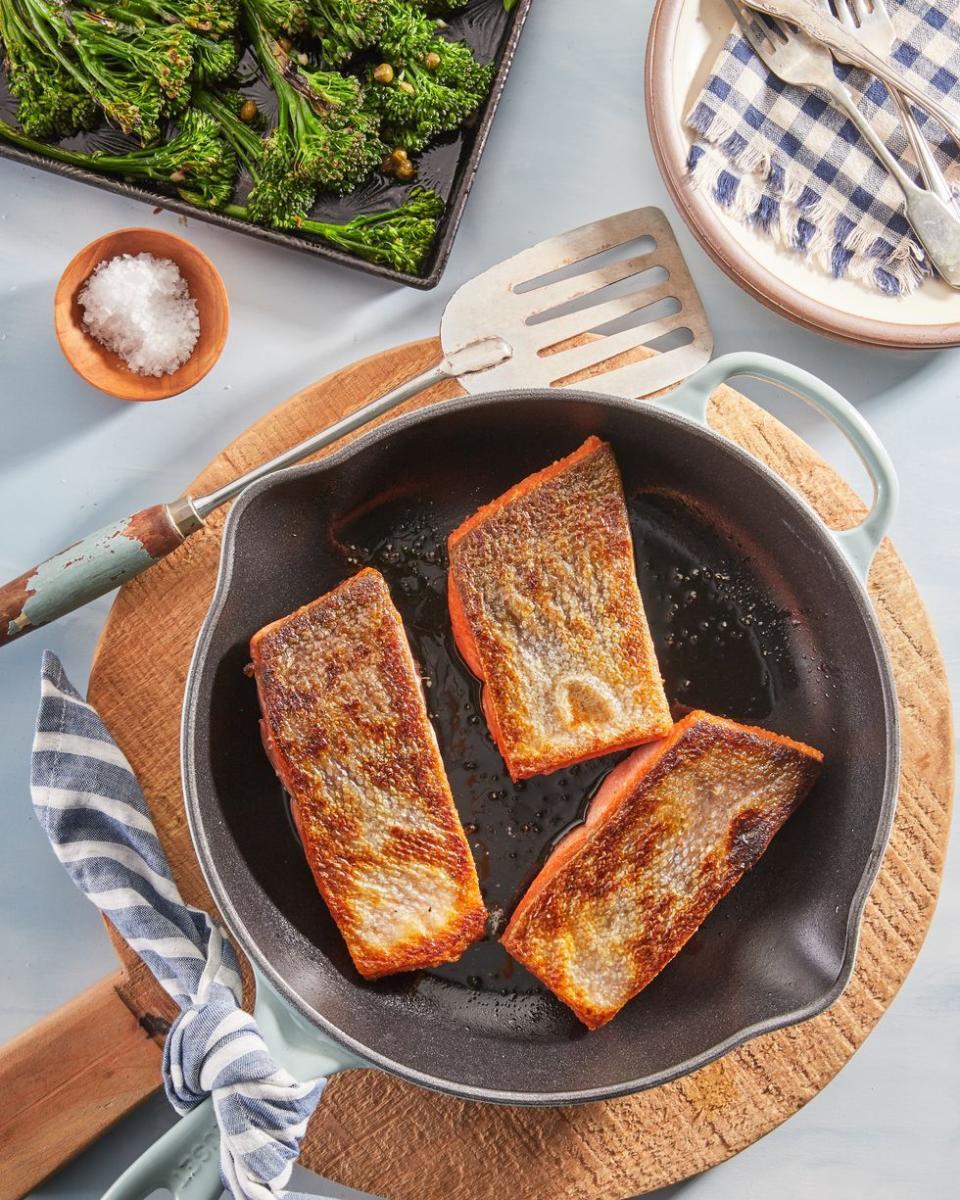 37) Crispy Pan-Seared Salmon with Broiled Broccolini and Capers