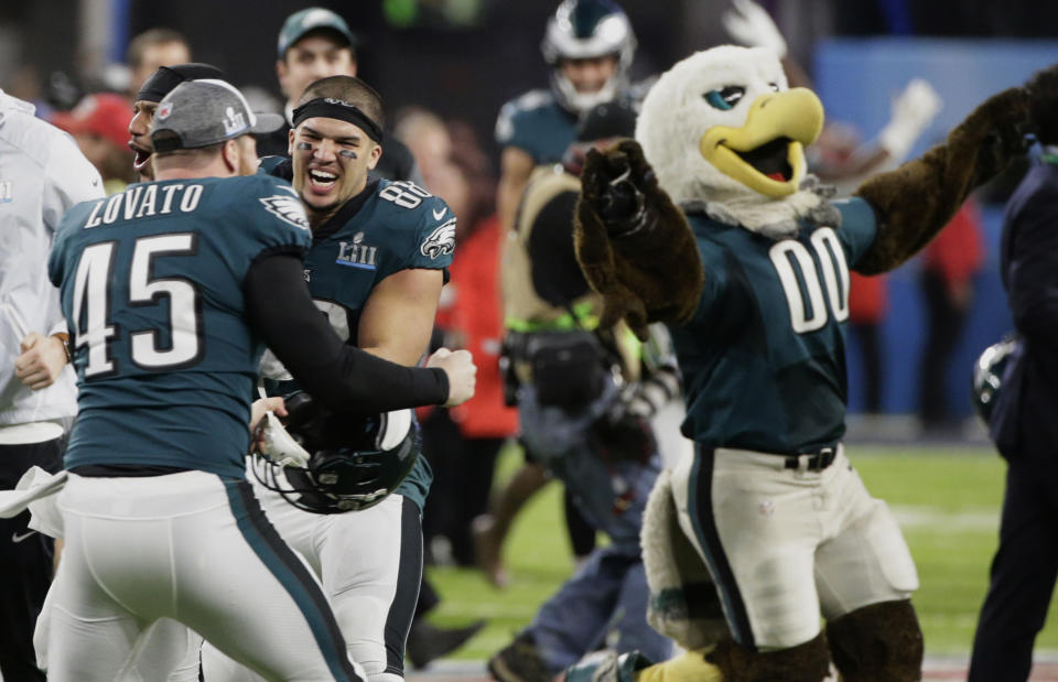 <p>Philadelphia Eagles long snapper Rick Lovato (45) and tight end Trey Burton (88) celebrate after winning the NFL Super Bowl 52 football game against the New England Patriots Sunday, Feb. 4, 2018, in Minneapolis. The Eagles won 41-33. (AP Photo/Frank Franklin II) </p>