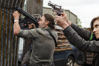 <p>Lauren Cohan as Maggie Greene, Khary Payton as Ezekiel, Andrew Lincoln as Rick Grimes in AMC’s <i>The Walking Dead</i>.<br>(Photo: Gene Page/AMC) </p>