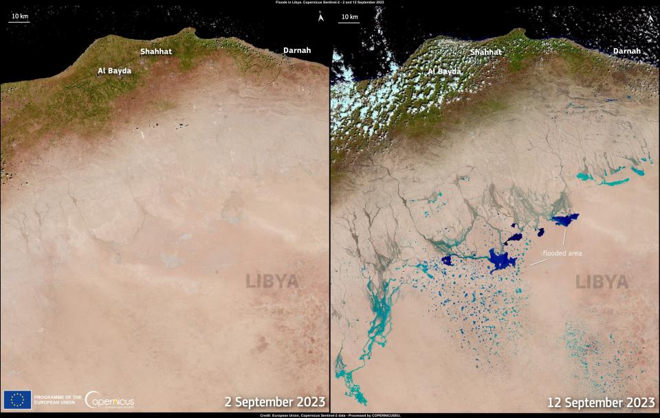 These two images, acquired by one of the Copernicus Sentinel-2 satellites on 2 and 12 September, show the Libyan desert before and after the aftermath of Storm Daniel (European Union, Copernicus Sentinel-2 imagery)