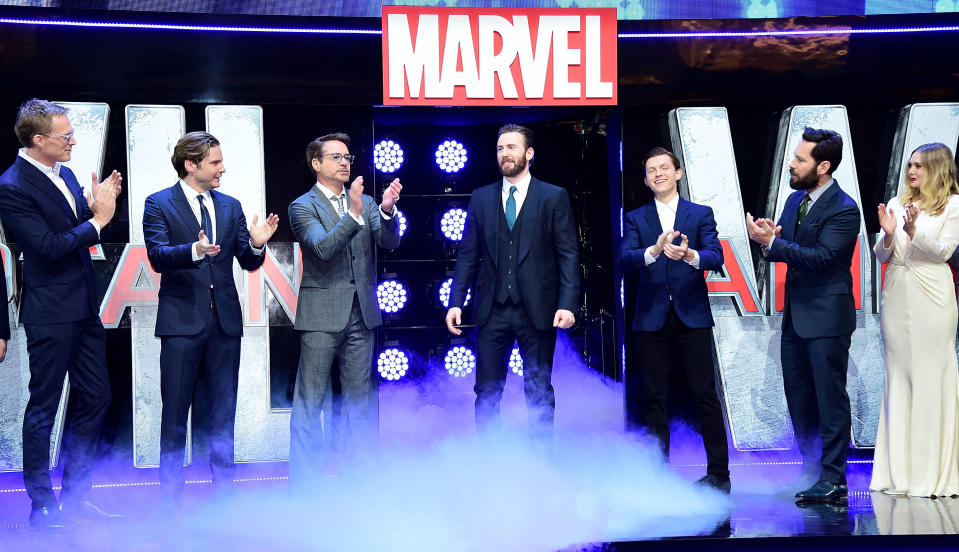 LONDON, ENGLAND - APRIL 26:  (L-R) Paul Bettany, Daniel Bruhl, Robert Downey Jr, Chris Evans, Tom Holland, Paul Rudd and Elizabeth Olsen attend the European Premiere of "Captain America: Civil War" at Vue Westfield on April 26, 2016 in London, England  (Photo by David M. Benett/Dave Benett/WireImage)