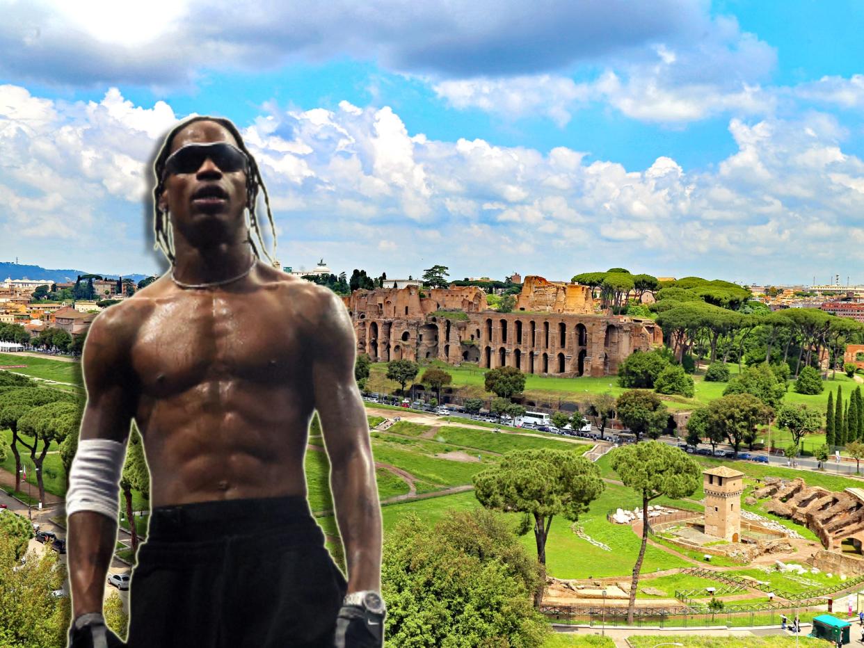 An edited image shows Travis Scott in front of Rome's Circus Maximus.