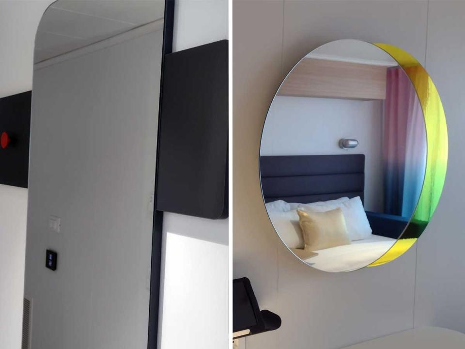 Side by side images of a full length mirror and a circle mirror reflecting a picture of a bed.