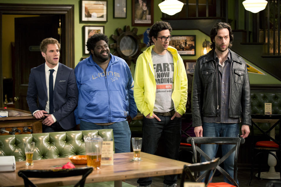 This undated publicity image released by NBC shows, from left, Matthew Wilkas as Brett, Ron Funches as Shelly, Rick Glassman as Burski, and Chris D'Elia as Danny Beeman in a scene from the new series "Undateable." Wilkas, who plays a picky guy looking for love, recently appeared in the Broadway musical "Spider-Man: Turn Off the Dark." (AP Photo/NBC, Justin Lubin)