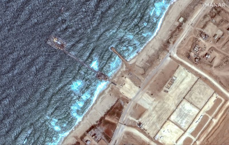 A satellite image shows an overview of trident pier, on the Gaza shoreline