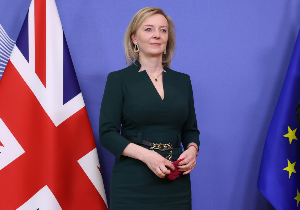 BRUSSELS, BELGIUM - FEBRUARY 21: Vice-President of the European Commission for Interinstitutional Relations Maros Sefcovic (not seen) welcomes British Foreign Secretary Liz Truss prior to an EU-UK Withdrawal Agreement Joint Committee in Brussels on February 21, 2022. (Photo by Dursun Aydemir/Anadolu Agency via Getty Images)