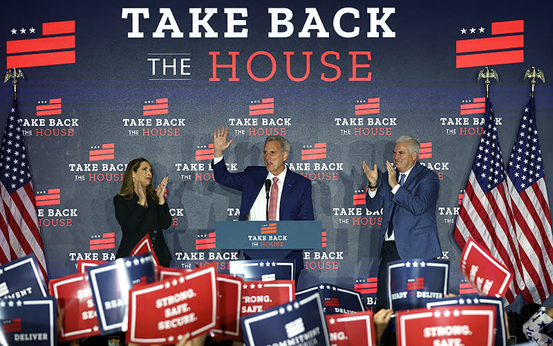 House Minority Leader Kevin McCarthy (R-Calif.) waves to guests as he arrives on stage during an election night party at The Westin in Washington, D.C., on Nov. 9. <em>Greg Nash</em>