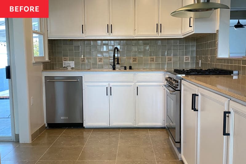 kitchen with white cabinets, brown tile floor, and tile backsplash before makeover