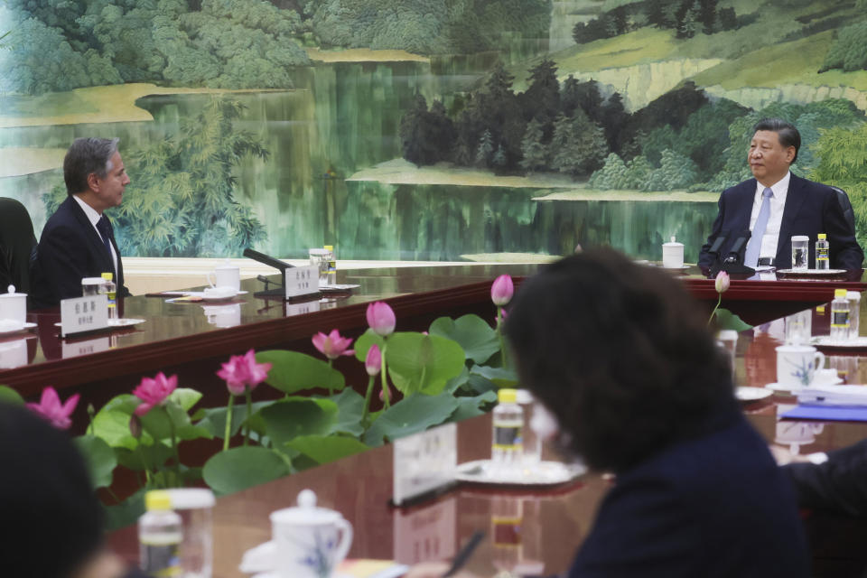 U.S. Secretary of State Antony Blinken meets with Chinese President Xi Jinping in the Great Hall of the People in Beijing, China, Monday, June 19, 2023. (Leah Millis/Pool Photo via AP)