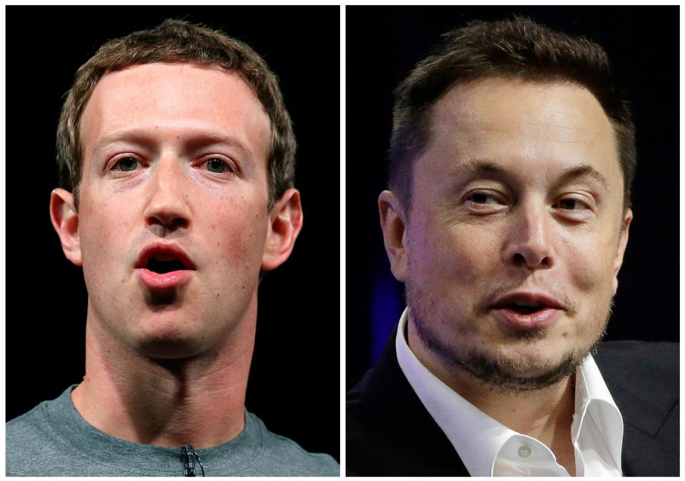 This combo of file images shows Facebook CEO Mark Zuckerberg, left, and Tesla and SpaceX CEO Elon Musk. In a now-viral back-and-forth seen on Twitter and Instagram this week, the two tech billionaires seemingly agreed to a “cage match” face off.