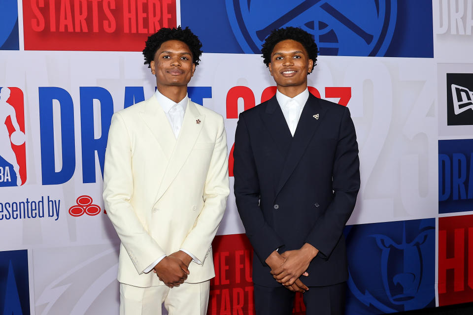 Amen Thompson (L) and Ausar Thompson at the 2023 NBA Draft at Barclays Center in New York City, on June 22, 2023. The twins were selected No. 4 (Amen) and No. 5 (Ausar) and will face off for the first time in their NBA careers on Monday. (Photo by Arturo Holmes/Getty Images)