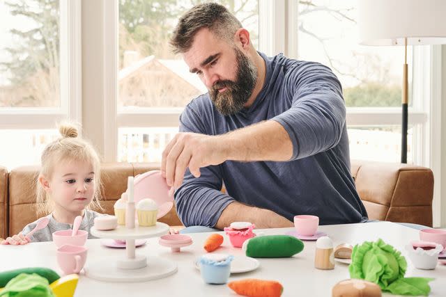 <p>courtesy of Pottery Barn Kids</p> Jason Kelce enjoying a tea party with daughter Ellie