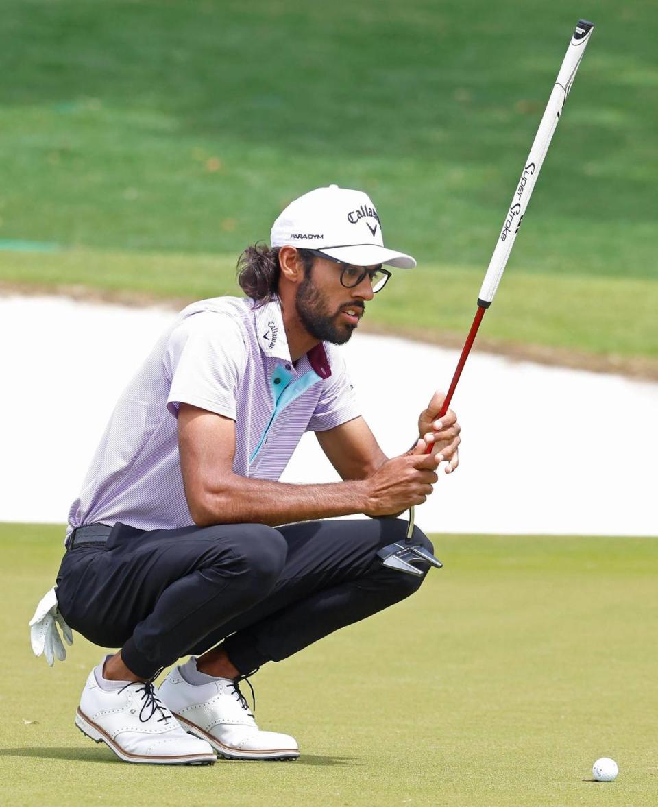 Akshay Bhatia lines up a putt on the first green during second round action in the Wells Fargo Championship at Quail Hollow Club in Charlotte, NC on Friday, May 5, 2023.