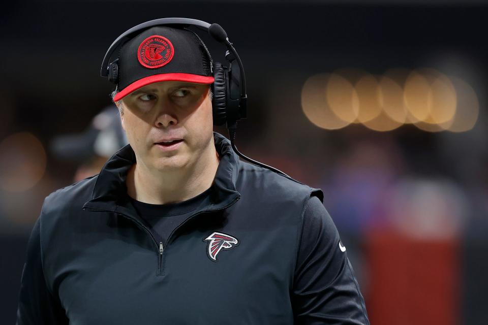 Arthur Smith of the Atlanta Falcons looks on during the second quarter in the game against the Indianapolis Colts at Mercedes-Benz Stadium on Dec. 24, 2023 in Atlanta, Georgia.