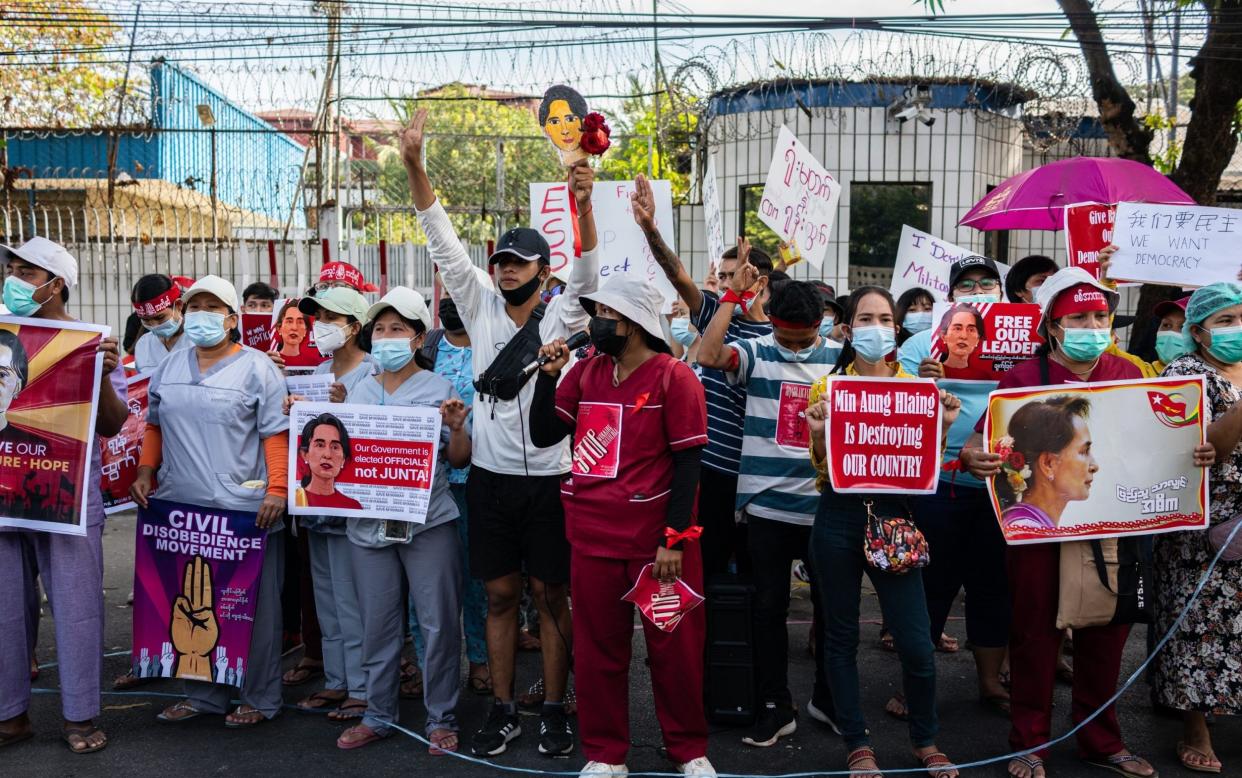 Protesters rally outside the Russian embassy in Yangon on Friday - Getty Images AsiaPac/Hkun Lat