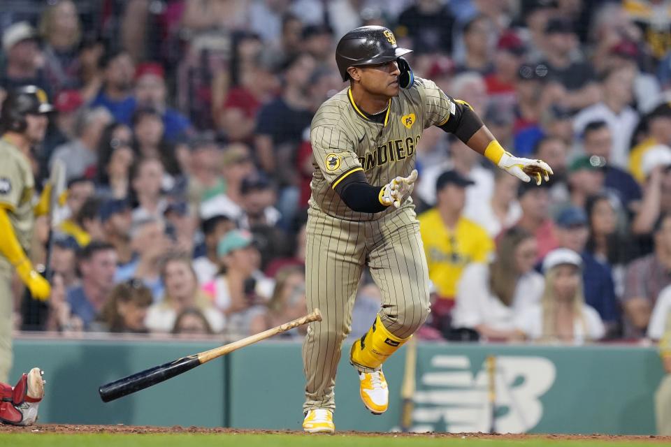 San Diego Padres' Donovan Solano runs on his two-run RBI single during the fifth inning of a baseball game against the Boston Red Sox, Friday, June 28. 2024, in Boston. (AP Photo/Michael Dwyer)