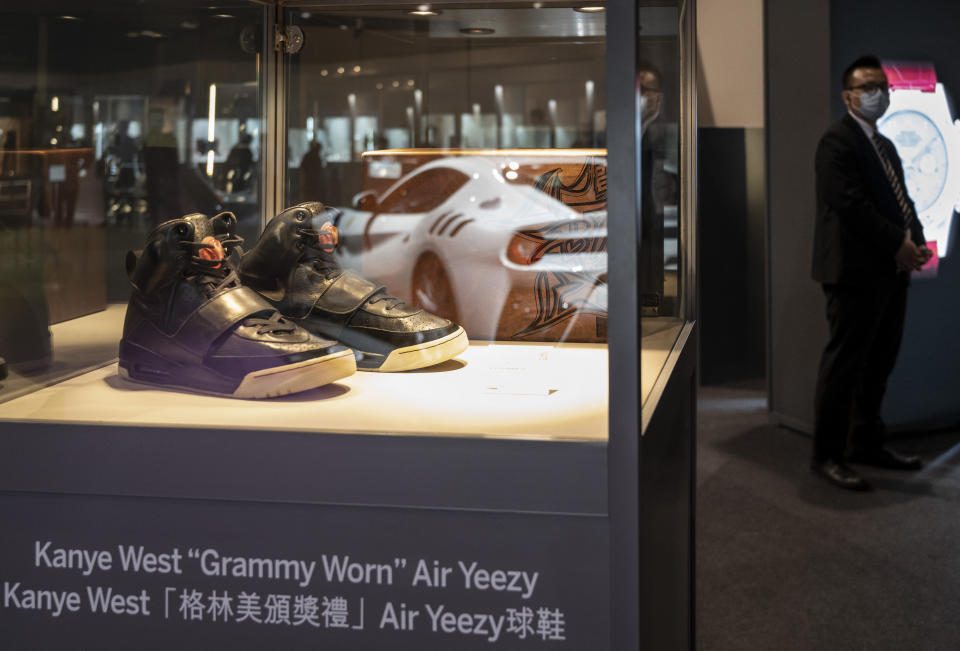 HONG KONG, CHINA - APRIL 16: Kanye West's Nike Air Yeezy 1 sneaker for sale with a price tag of USD$ 2 million is seen at world's largest brokers modern collectibles Sotheby's show in Hong Kong on April 16, 2021. (Photo by Miguel Candela/Anadolu Agency via Getty Images)