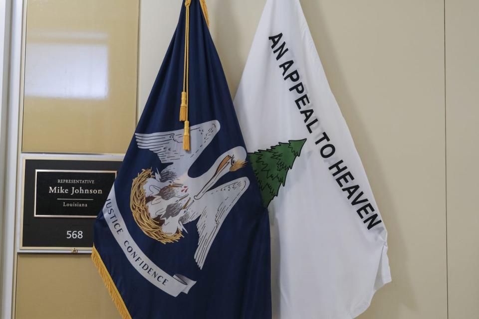 An  "Appeal to Heaven" flag is seen outside of Speaker of the House.