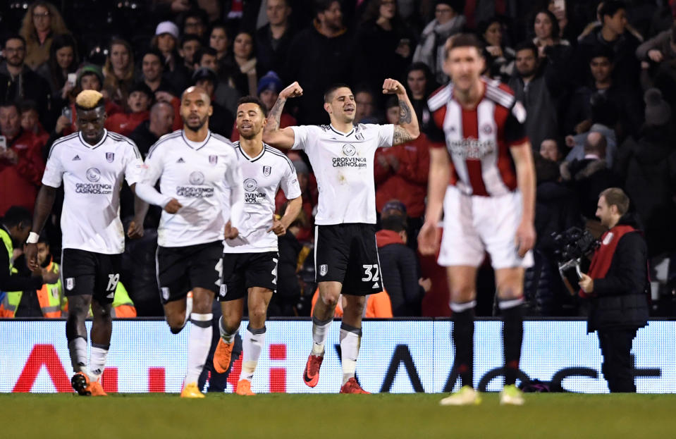 Fulham’s Aleksandar Mitrovic celebrates their second goal (Action Images/Tony O’Brien)