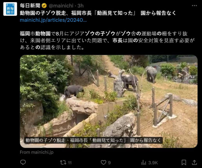 日本福岡市動植物園1隻3歲大的亞洲象幼象8月曾穿越柵欄，闖到遊客參觀區附近。（圖／翻攝自X）