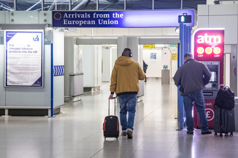 EU, UK, Borders and European Union signs in London Stansted STN airport in England, UK (Photo by Nicolas Economou/NurPhoto via Getty Images)