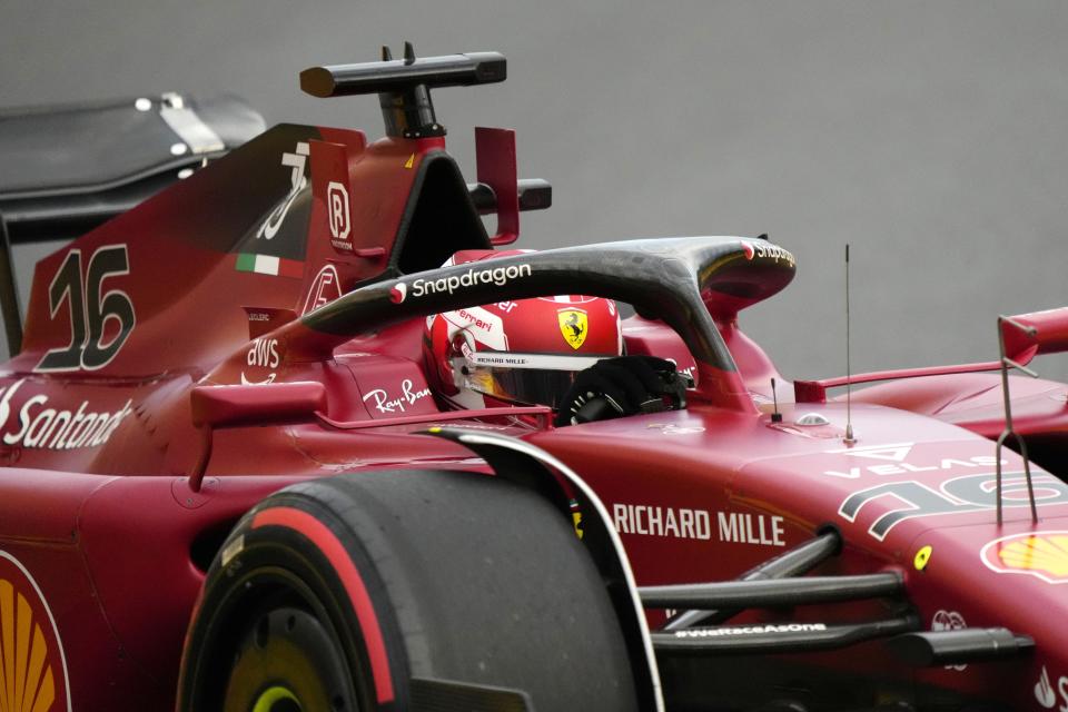 Ferrari driver Charles Leclerc of Monaco steers his car during the qualifying session at the Baku circuit, in Baku, Azerbaijan, Saturday, June 11, 2022. The Formula One Grand Prix will be held on Sunday. (AP Photo/Sergei Grits)