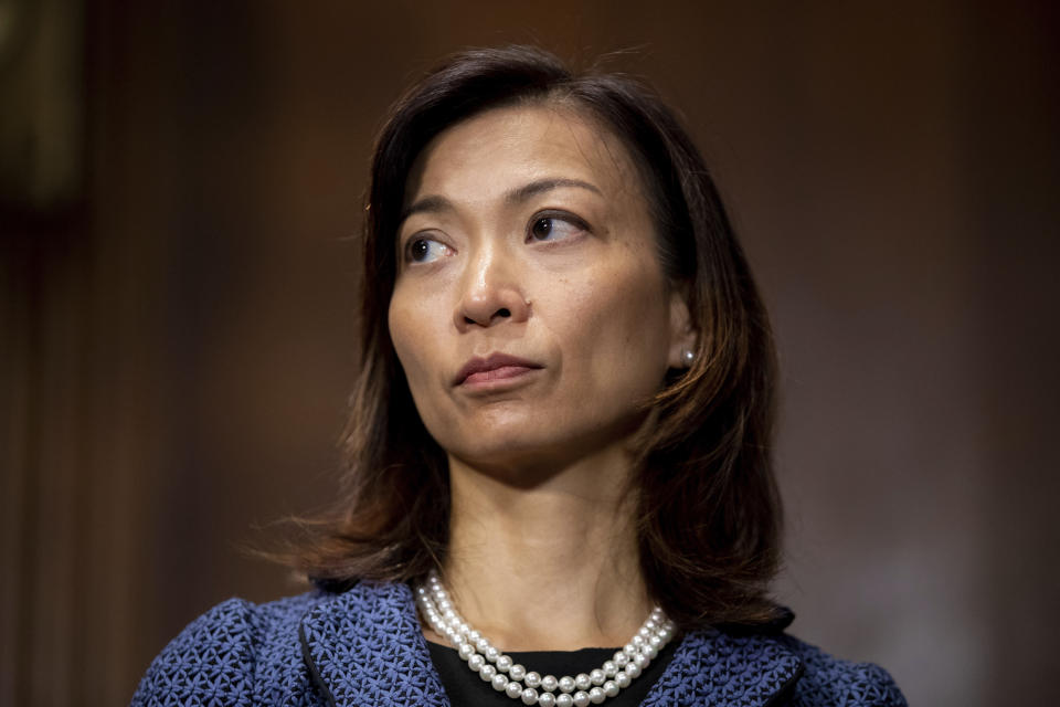 FILE - Florence Y. Pan, a nominee to be a United States District Judge for the District of Columbia, speaks to judicial nominees during a Senate Judiciary Hearing on Capitol Hill in Washington on July 14, 2021. (AP Photo/Amanda Andrade-Rhoades, File)