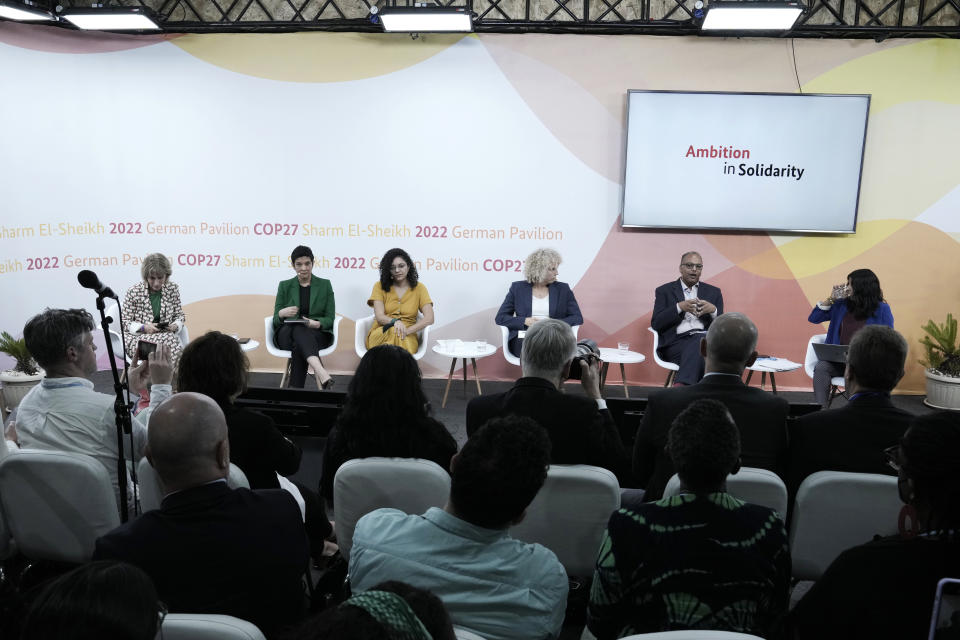 From left, Dr Agnès Callamard, Secretary General at Amnesty International, Tirana Hassan, acting Executive Director at Human Rights Watch, Activist Sanaa Seif, Jennifer Morgan State Secretary and Special Envoy for International Climate Action at the Federal Foreign Office, Hossam Bahgat, a human rights defender and journalist, and Nina Lakhani, senior reporter for climate justice for the Guardian US participate in a panel at the German Pavilion during the COP27 U.N. Climate Summit, Tuesday, Nov. 8, 2022, in Sharm el-Sheikh, Egypt. Seif is the sister of Egypt's jailed leading pro-democracy activist Alaa Abdel-Fattah, who is on a hunger and water strike. (AP Photo/Nariman El-Mofty)