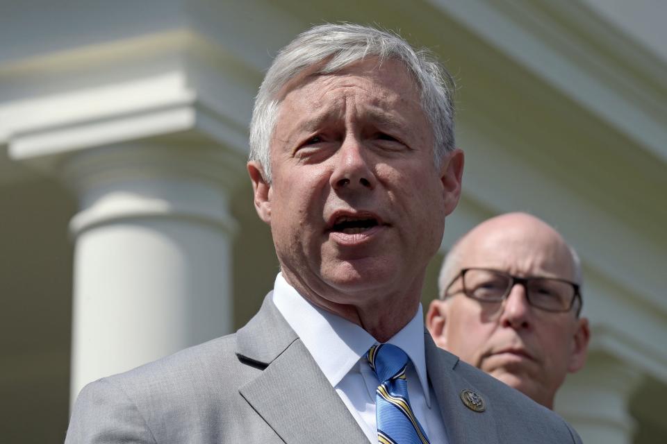 FILE - In this May 3, 2017, file photo, Rep. Fred Upton, R-St. Joseph, left, speaks to reporters outside the White House in Washington. Upton was one of 73 members of the U.S. House to co-sponsor the RISE Act of 2021 Monday, Feb. 8, legislation which aims to boost federal research grant opportunities. (AP Photo/Susan Walsh, File)