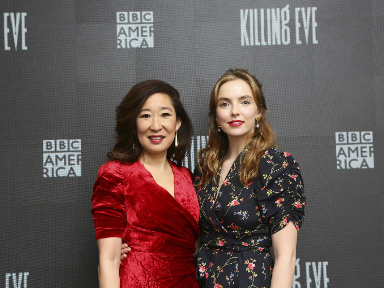 IMAGE DISTRIBUTED FOR BBC AMERICA - Sandra Oh, left, and Jodie Comer, right, arrive at BBC AMERICA's Killing Eve SAG-AFTRA Foundation Screening and Q&A event on Wednesday, April 4th, 2018, in New York. Killing Eve premieres on BBC AMERICA on Sunday, April 8th. (Photo by Stuart Ramson/BBC AMERICA via Invision/AP Images)