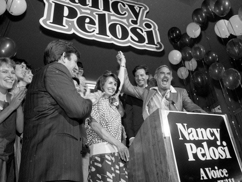 Nancy Pelosi celebrates her election win in 1987