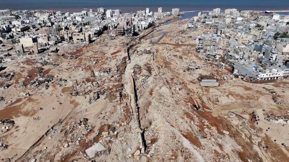 PHOTO: A view shows the damaged areas, in the aftermath of the floods in Derna, Libya, Sept. 13, 2023, in this screen grab obtained from a social media video. (Marwan Alfaituri via Reuters)