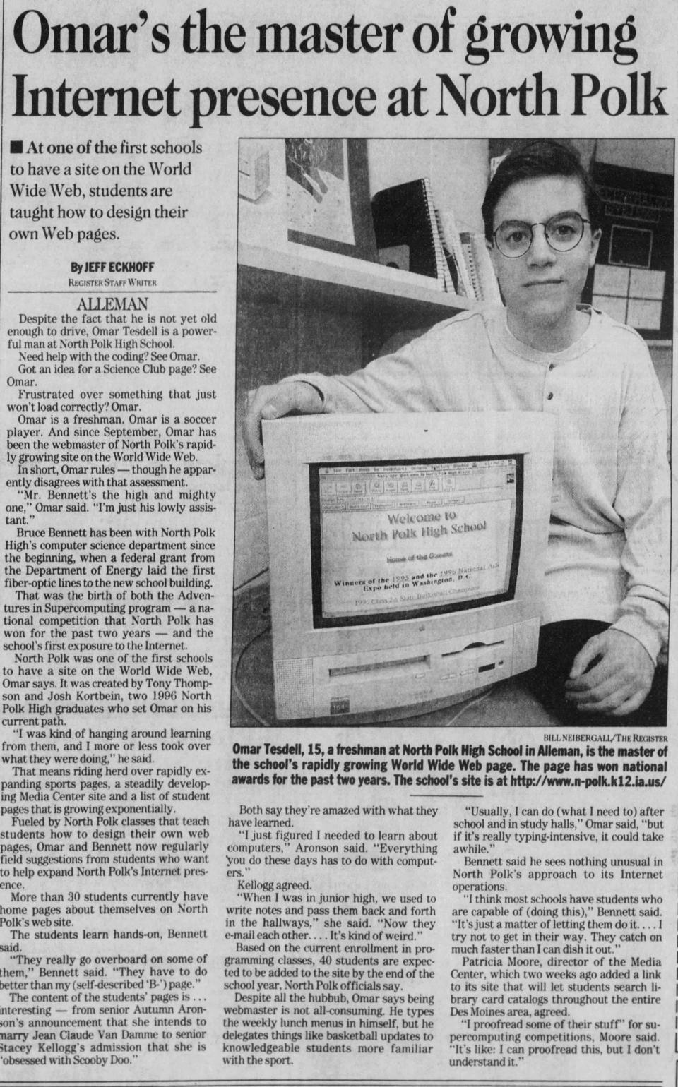 A 1997 Des Moines Register article features North Polk's flourishing website and computer program.