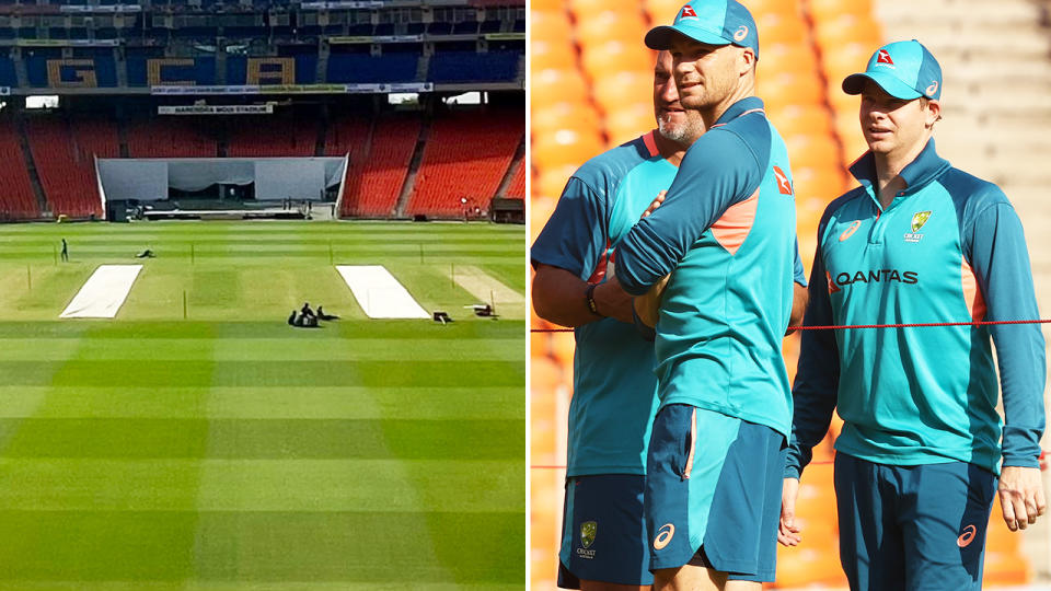 Steve Smith and Peter Handscomb, pictured here inspecting the pitch for the fourth cricket Test against India.