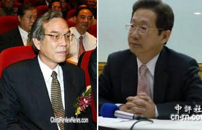 2002年5月，台電也曾因為中油斷氣而無預警限電，台電董事長林文淵（右）和中油董事長陳朝威（左）先後請辭獲准。（中評社）