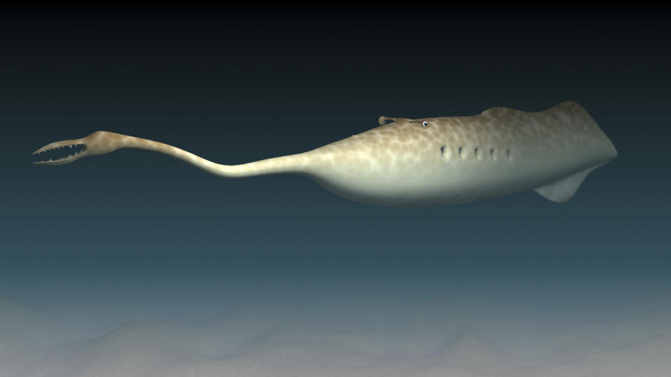 A Tully monster with a long snout and submarine-like body swims underwater.