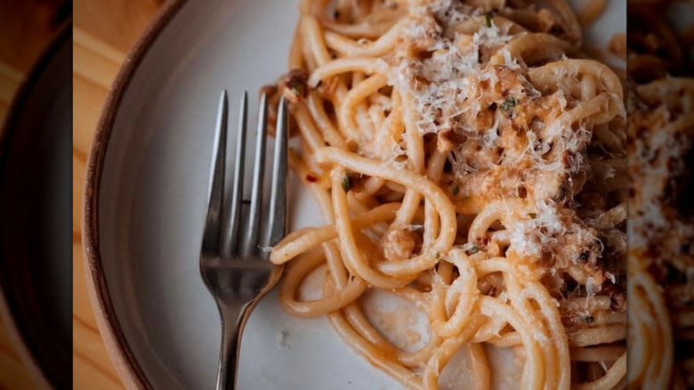 plate of bucatini with preserved lemon