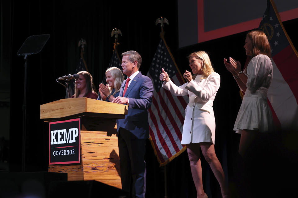 Georgia Republican gubernatorial candidate Gov. Brian Kemp, delivers his acceptance speech at his election night party after defeating Stacey Abrams Tuesday, Nov. 8, 2022, in Atlanta. (AP Photo/Akili-Casundria Ramsess)