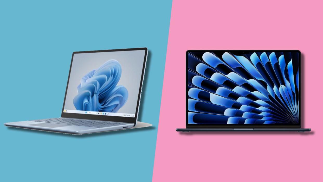  Two laptops against a split blue and pink background. 