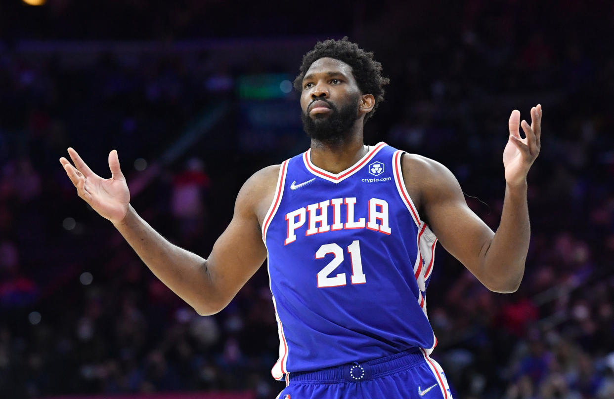 Jan 25, 2022; Philadelphia, Pennsylvania, USA; Philadelphia 76ers center Joel Embiid (21) reacts after making a packet against the New Orleans Pelicans during the fourth quarter at Wells Fargo Center. Mandatory Credit: Eric Hartline-USA TODAY Sports