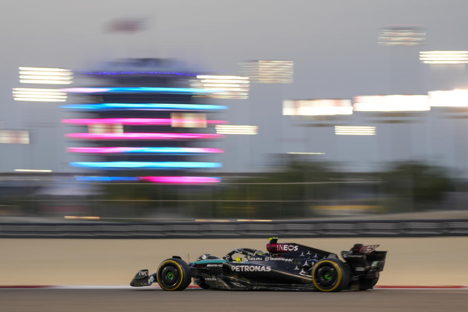 Mercedes driver Lewis Hamilton of Britain steers his car for a Formula One pre season test at the Bahrain International Circuit in Sakhir, Bahrain, Thursday, Feb. 22, 2024. (AP Photo/Darko Bandic)