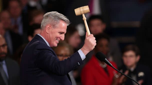 PHOTO: Speaker of the House Kevin McCarthy picks up the gavel as he begins to speak in the House chamber in Washington, Jan. 7, 2023. (Win Mcnamee/Getty Images)