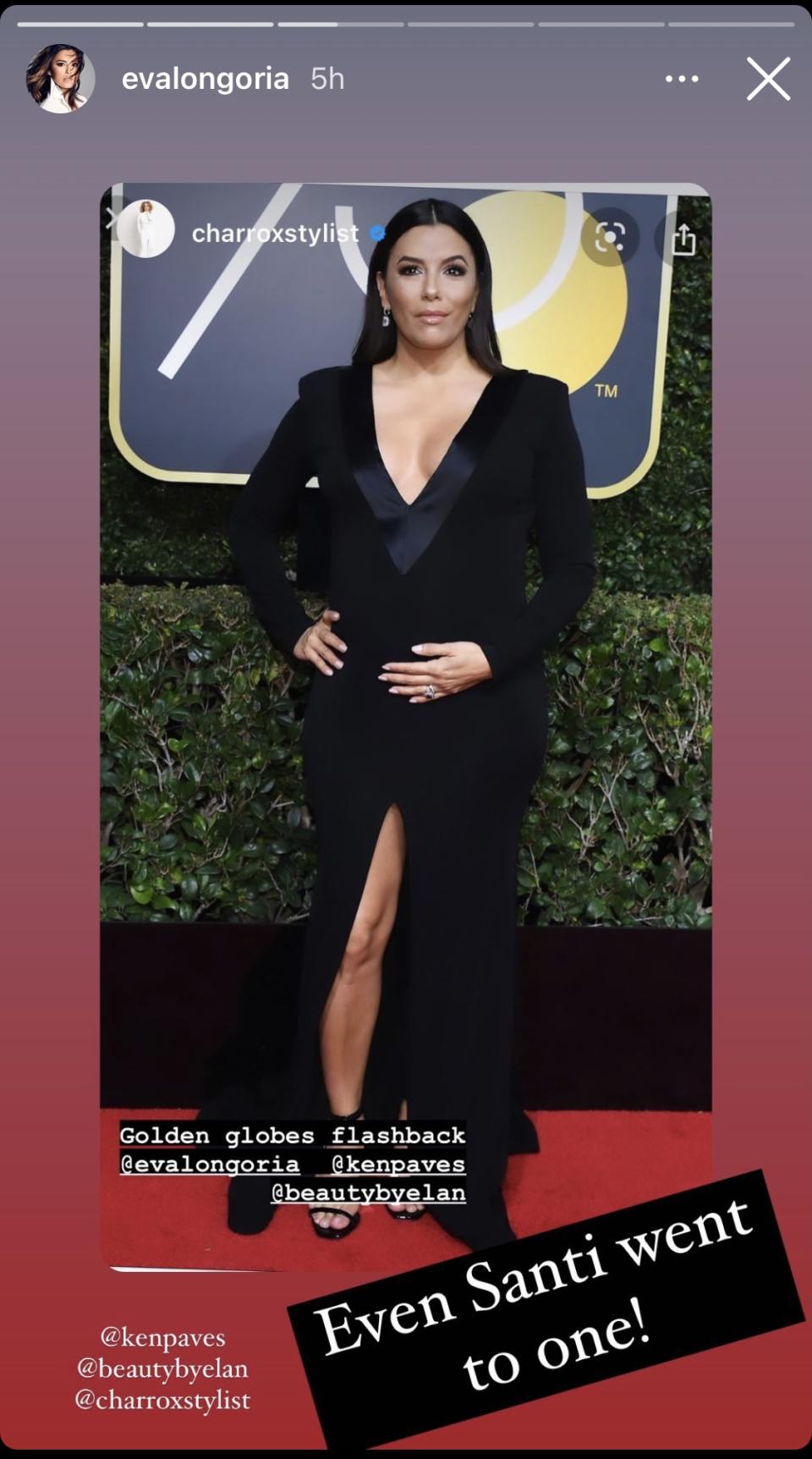 <p>Longoria stunned in a third picture that she shared from the 2018 Golden Globes, which was also the year that the Time's Up movement took centre stage. The event was her first appearance since announcing her pregnancy in Dec. 2017, and her V-neck Genny gown showcased her growing bump perfectly. Image via Instagram/EvaLongoria.</p> 