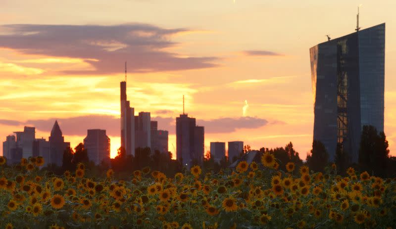FILE PHOTO: The sun sets behind the skyline of Frankfurt